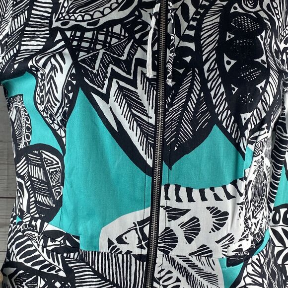 Chloe Madison Jacket Teal Black White Abstract Floral Print Full Zip - Picture 7 of 12